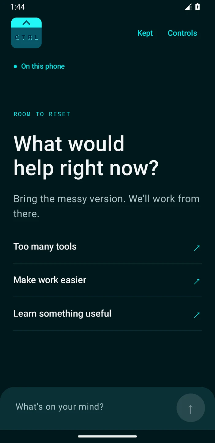 CTRL Android alpha home screen with suggested actions and on-device status