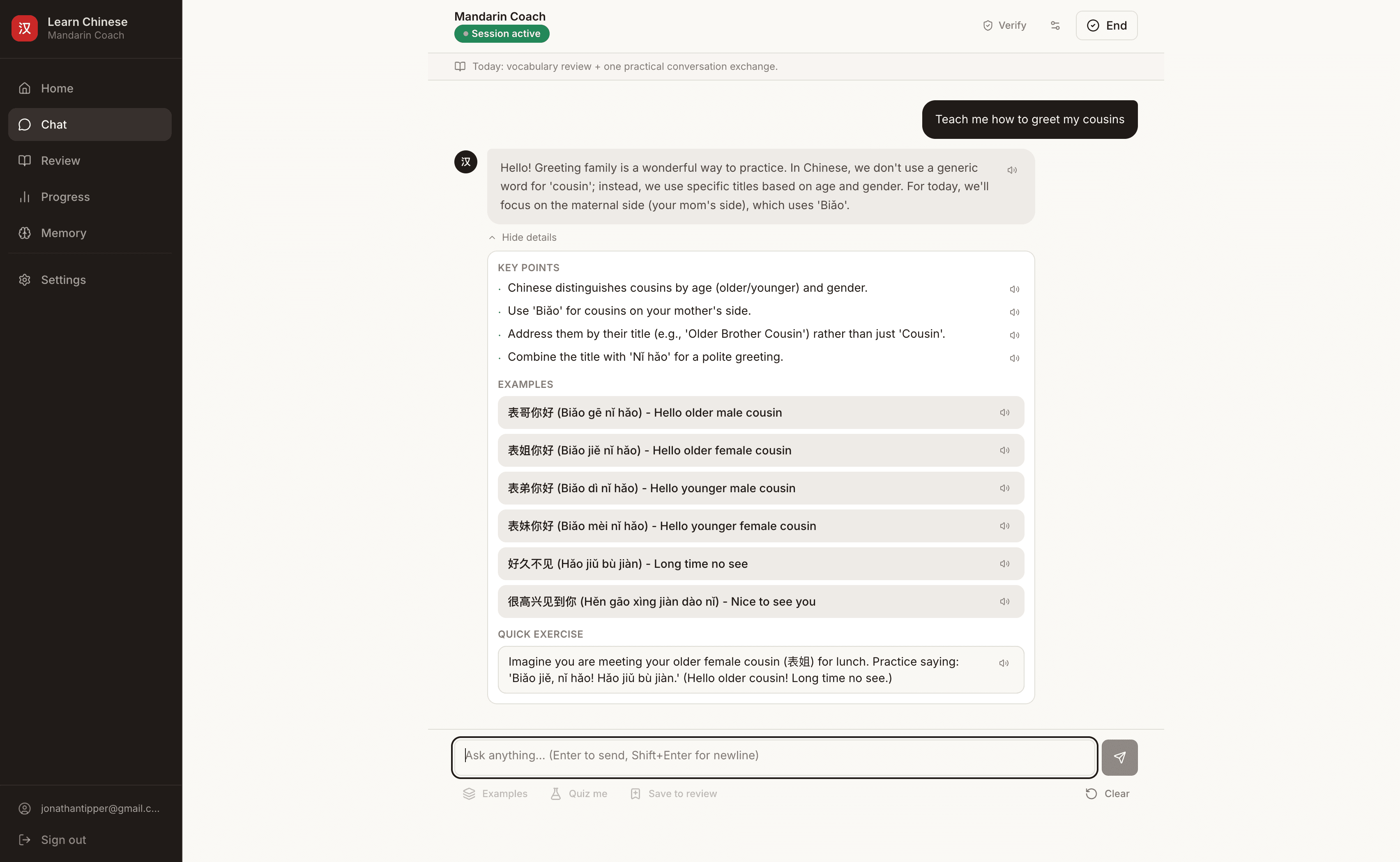 Learn Mandarin app screenshot showing a Mandarin Coach chat session with key points, examples, quick exercise, and a sidebar for review, progress, memory, and settings