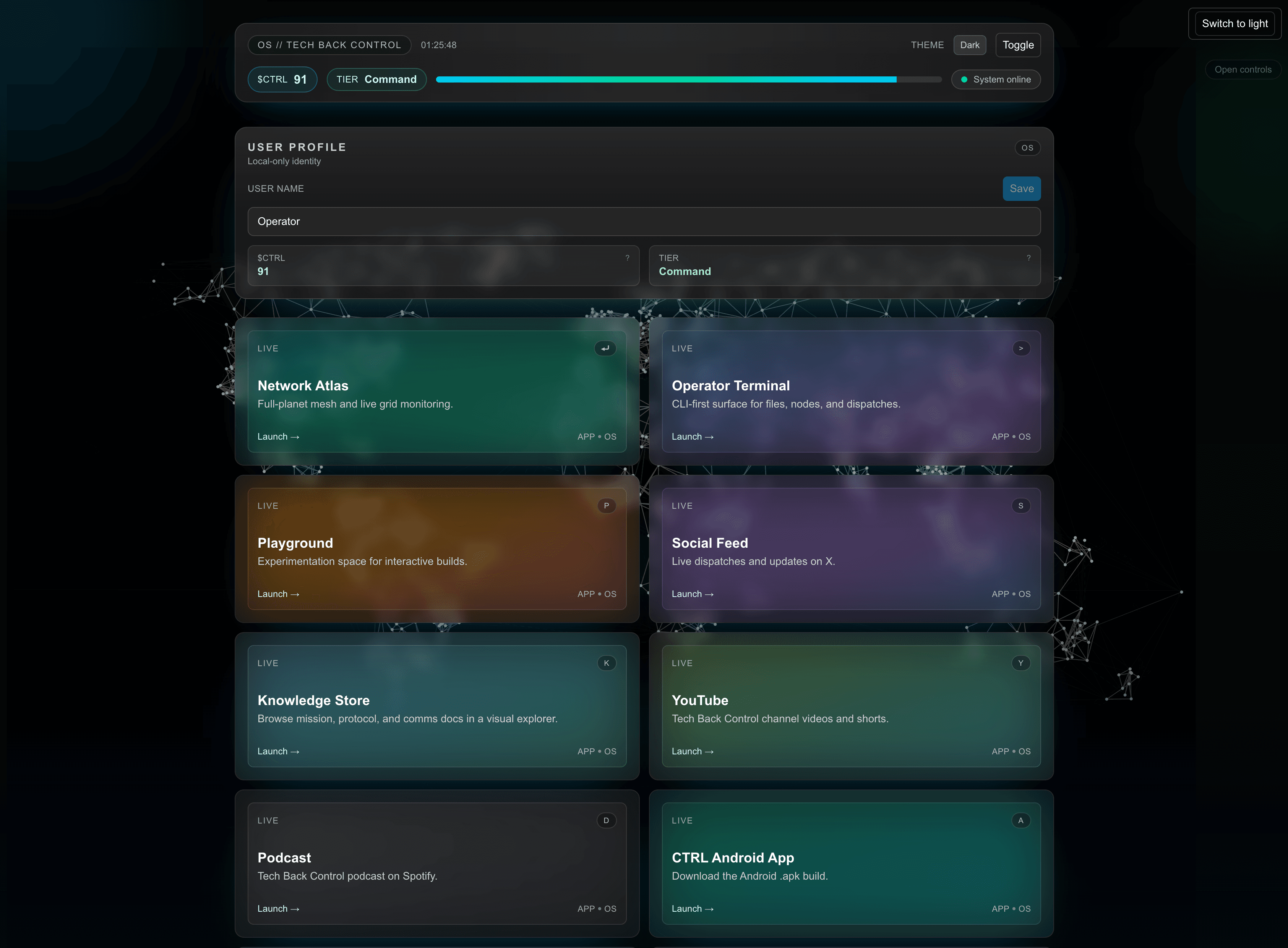 Tech Back Control OS interface with operator profile, system status, and launch cards for network atlas, playground, social feed, knowledge store, YouTube, podcast, and Android app